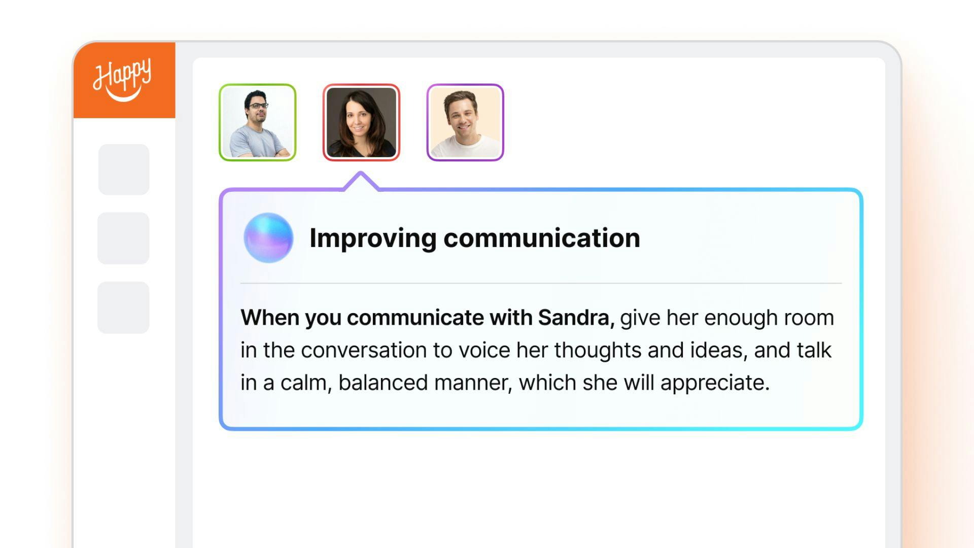 Screenshot of Happy Coach in the Happy platform offering communication coaching tips. 