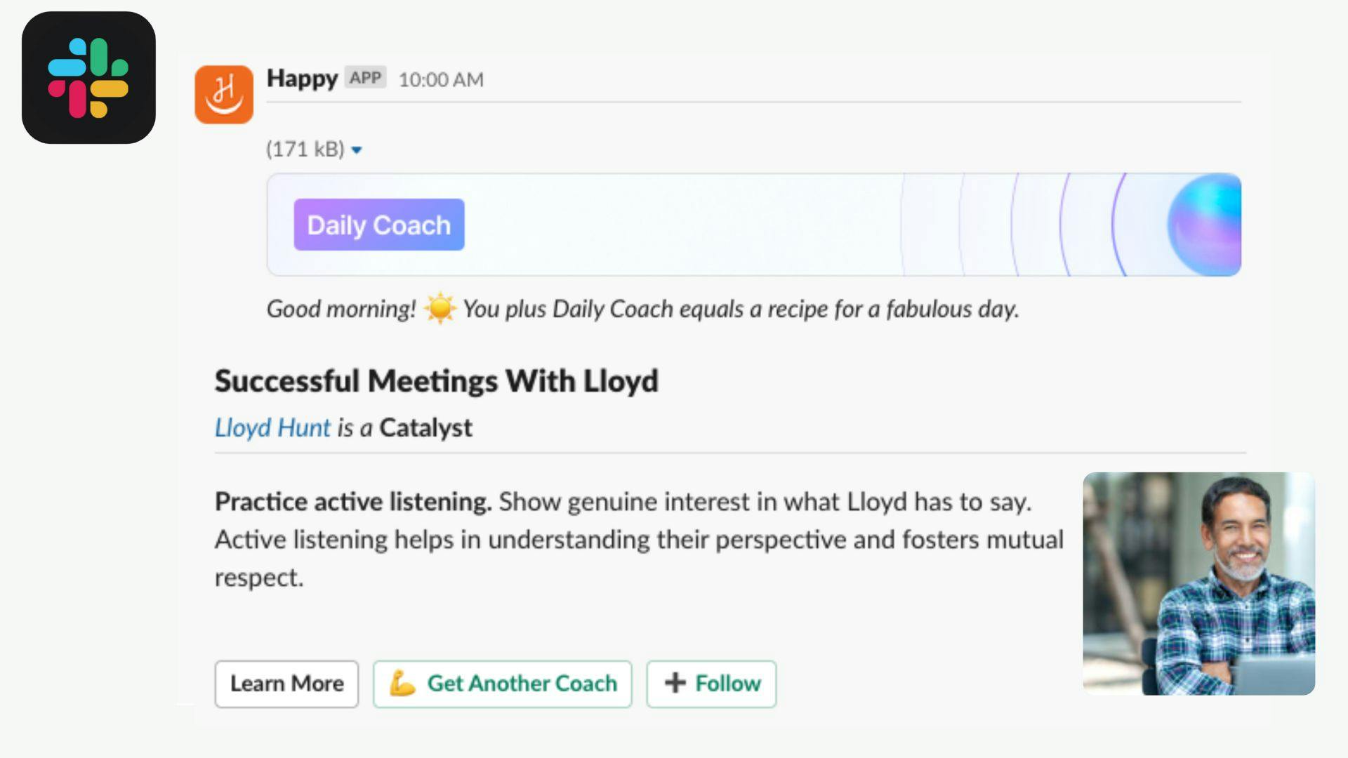Image showing how the slack integration provides daily coaching directly into slack.