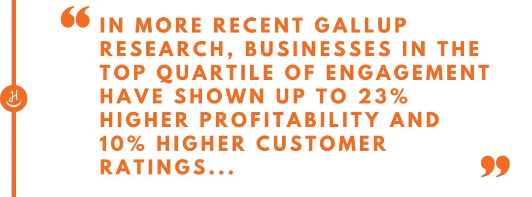 Quote that reads, "In more recent Gallup research, businesses in the top quartile of engagement have shown up to 23% higher profitability and 10% higher customer ratings"