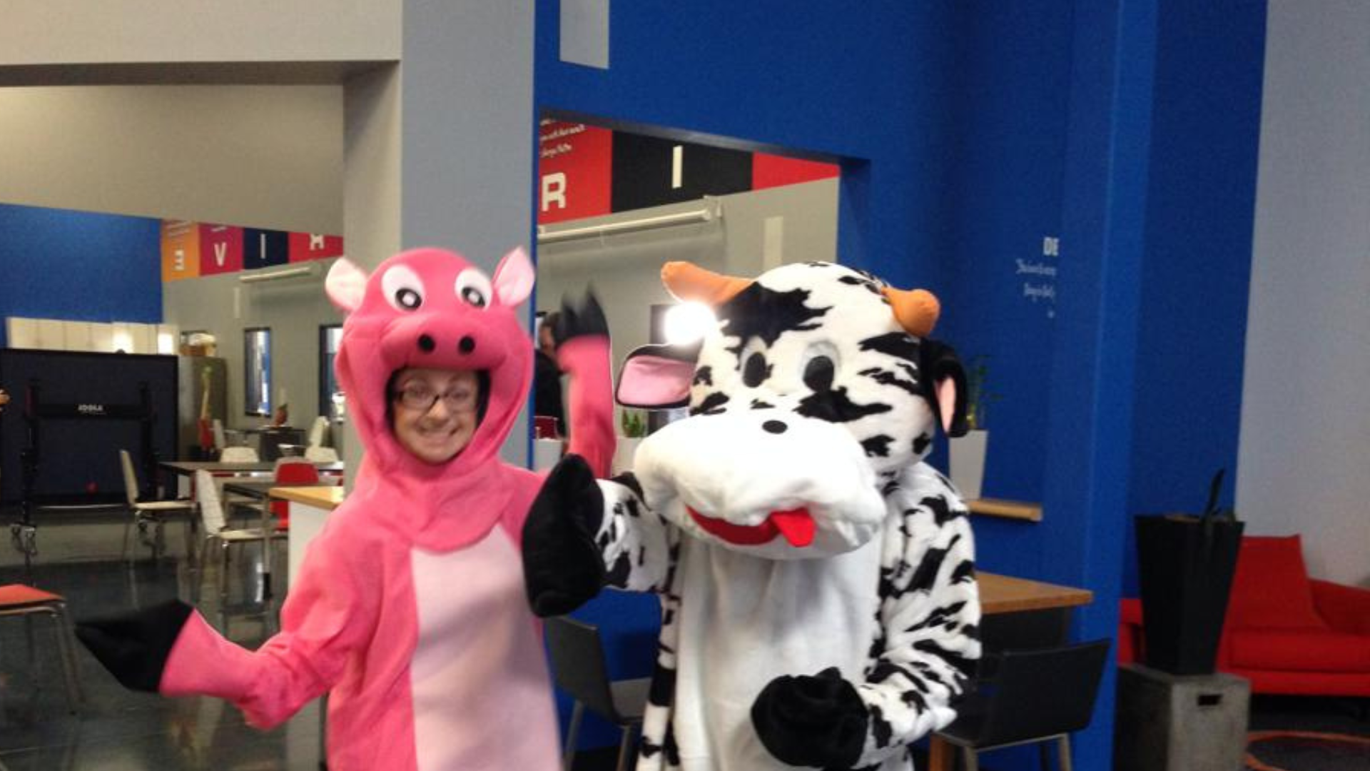Megan and James, Founders of Happy, dressed as a pig and a cow