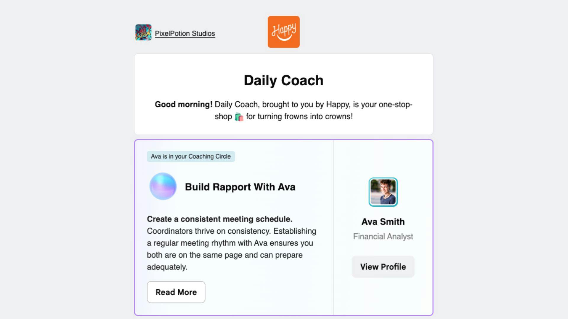 image showing daily coach received through email on a team member that is a part of the users coaching circle