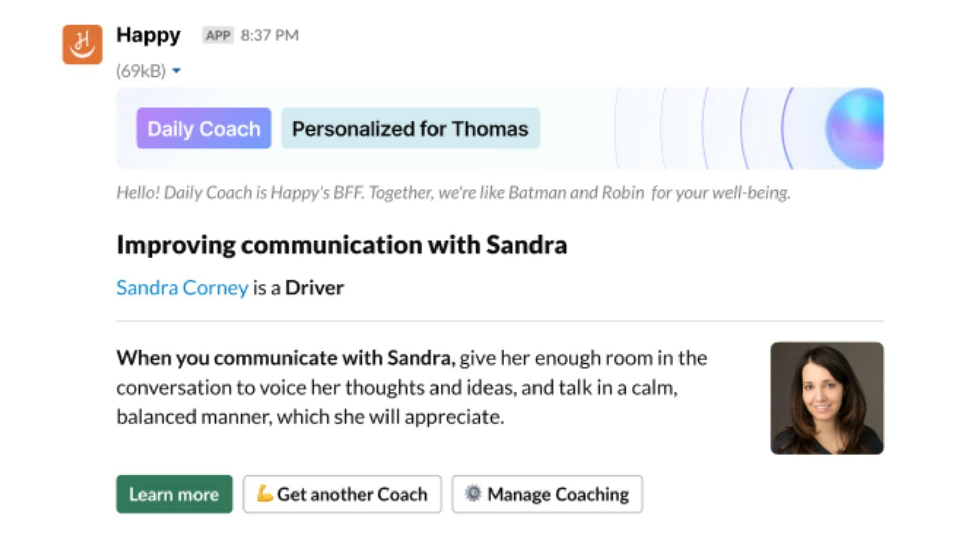An image of daily coach sent through slack for someone in the users coaching circle