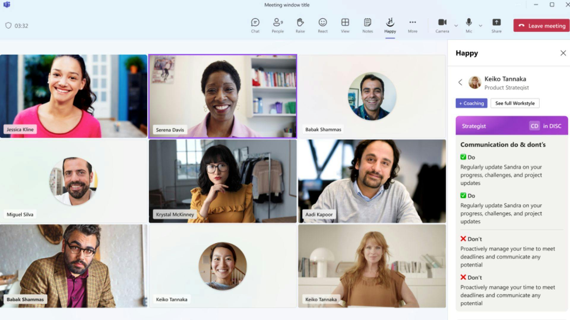 Screenshot of the MS Team interface showing how Happy provides coaching during video chat. 