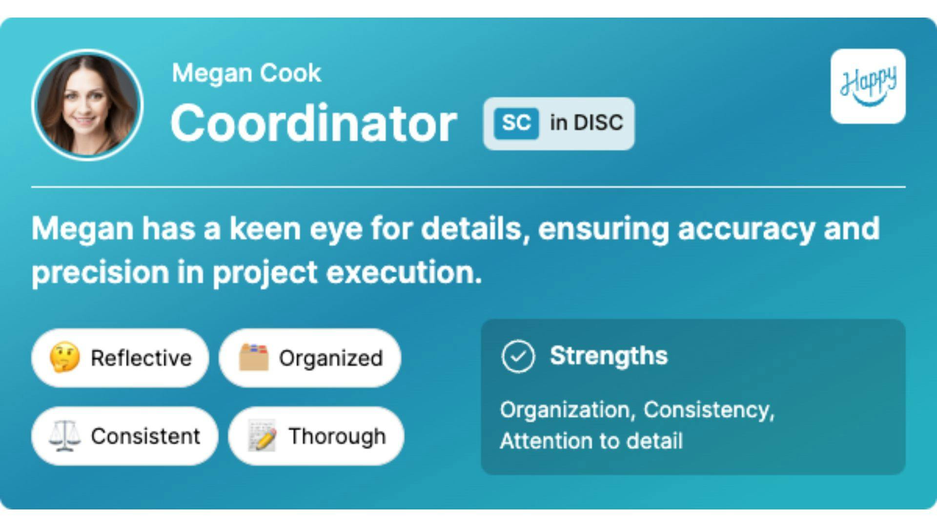 Image of the Happy Workstyle card for the author Megan Cook, showing her key attributes as a Coordinator in Happy. 